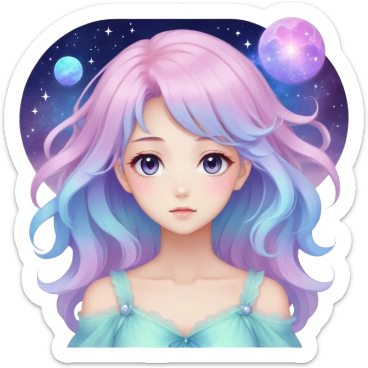 Beautiful gorgeous anime lady with beautiful nebula hair, fashion aesthetic, ethereal, fairycore, pastelcore  sticker