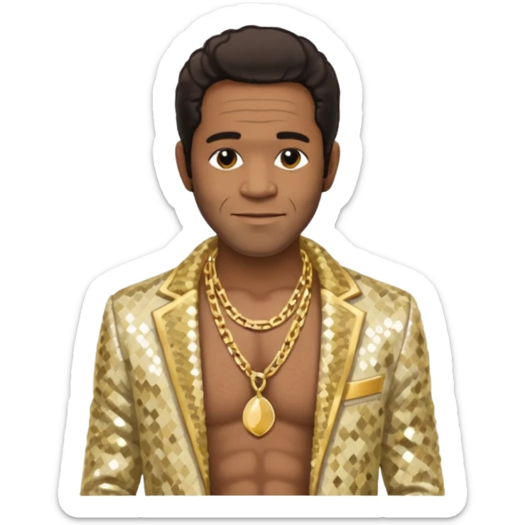 Al Green with dark brown hair, cream sequin jacket, shirtless with necklace sticker