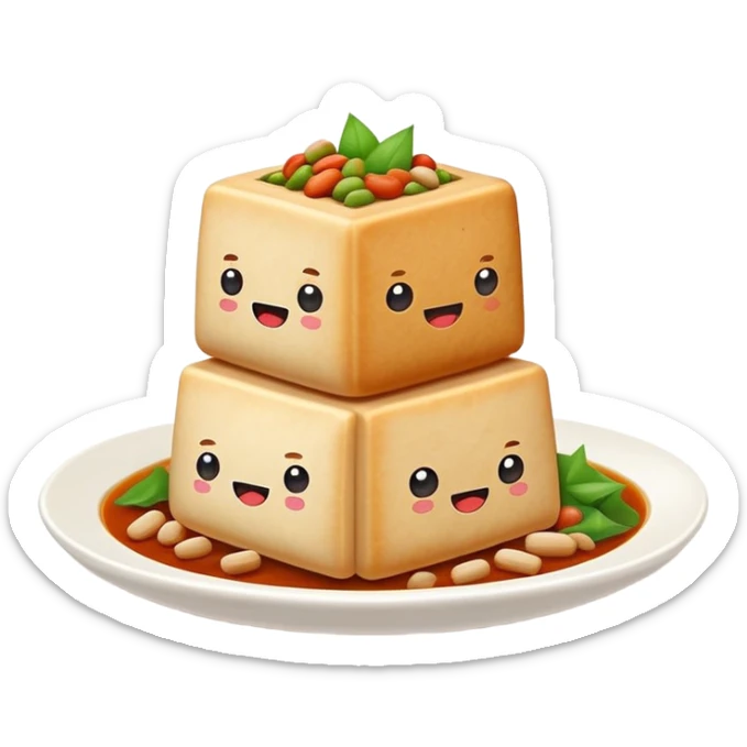 Hakka Stuffed Tofu with five spiced meat filling, simplified emoji style with bold outlines and bright colors, cartoon style unique triangular stuffed bean curd sticker