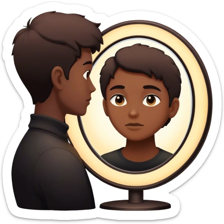 Un espejo con un brillo hipnótico en el centro de un espacio oscuro y una persona en silueta sticker