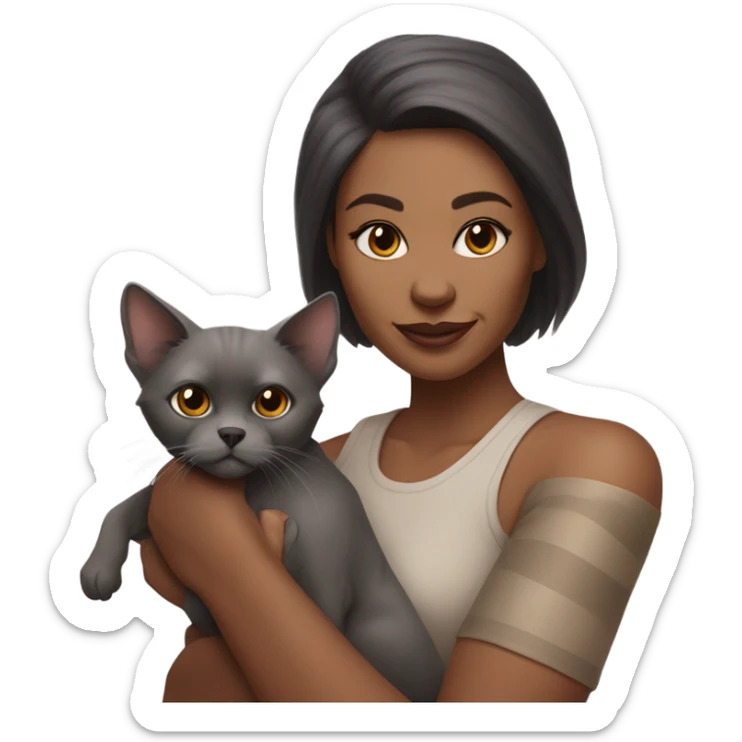 Woman in the right arm is holding a sphinx grey cat and in the left arm holding a Pomeranian dog sticker