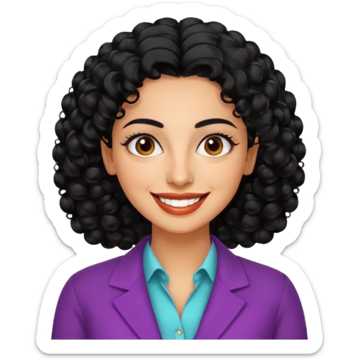 30 year old iranian woman very short curly black hair, big brown eyes, tanned skin, big smile, white teeth, pretty, stylish, shorter hair, boy cut hair, nice clothes sticker