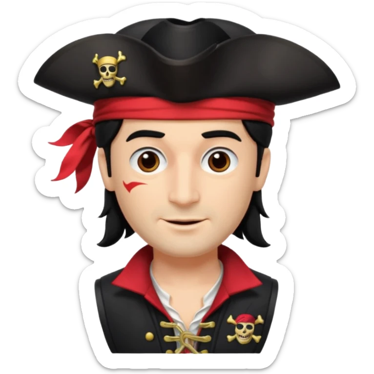 Captain Feathersword of The Wiggles with light skin, brown eyes, black hair, black pirate hat, white pirate shirt with red vest, one eye patch sticker
