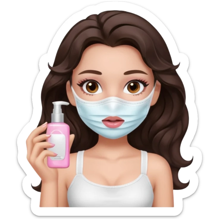 generate a pretty fair bratz girl with dark brown eyes. Dark brown hair wavy hair. light pink lipgloss. white cami top. doing skincare.  sticker