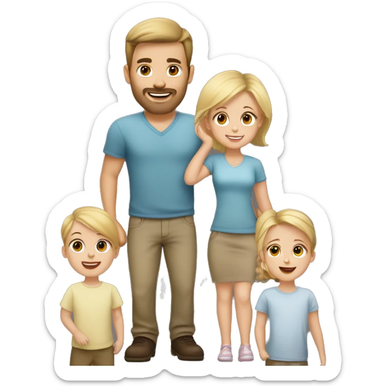 Family of 5. Tall young dad with short brown hair on sides and wave on top. Young blonde mom. Blonde 19 month old daughter. Brown haired 6 month old boy. Brown long haired 3 year old daughter. sticker