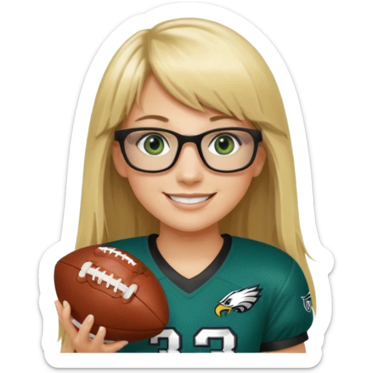 long blonde hair with bangs small black rectangle glasses female green eyes football player wearing eagles jersey number 33 holding football sticker