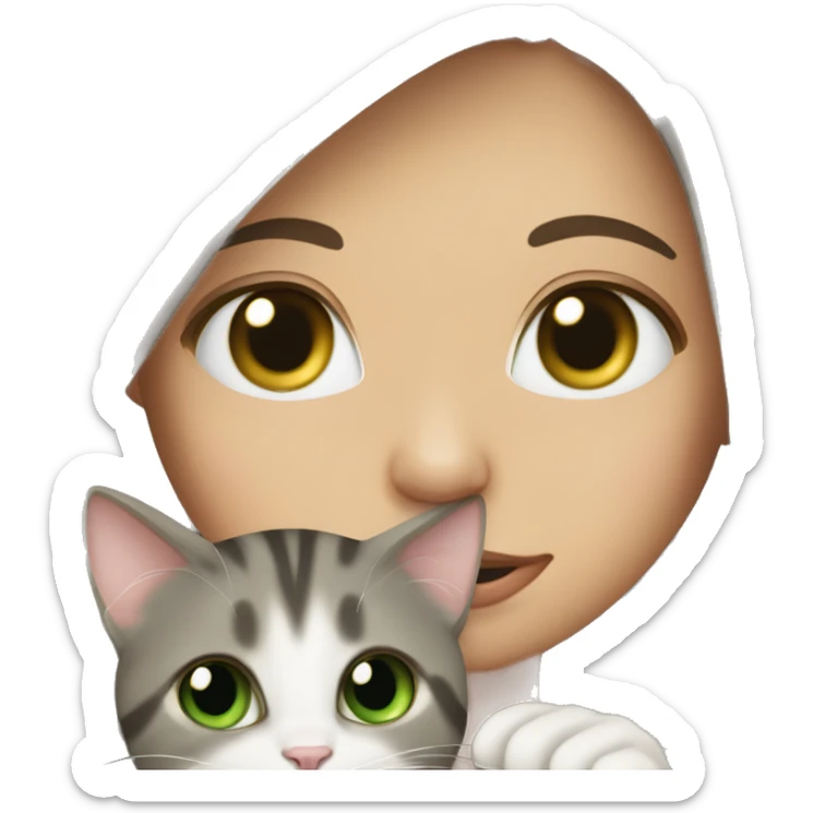 A girl with long brown hair and green eyes holds a gray tabby cat with green eyes in her arms sticker