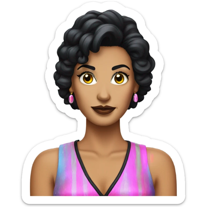 Tanned woman with black hair dressed in 1980s rock hair, makeup, and neon attire  sticker