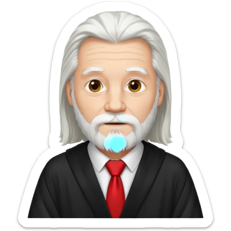 An older man with long white hair and beard, wearing a red tie and black robe sticker