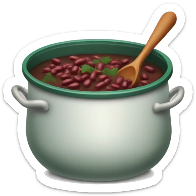 Large pot of dark green stew with red kidney beans and ladle sticker