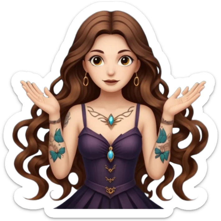night witch woman long wavy brown hair tattoos spinning moth from fingers sticker