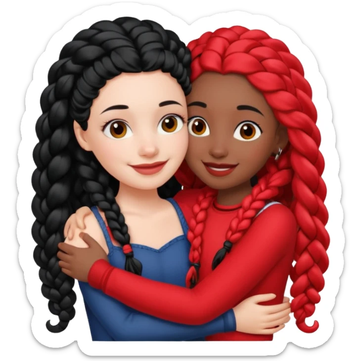 White girl long black hair hugs black girl with red French curl braids  sticker