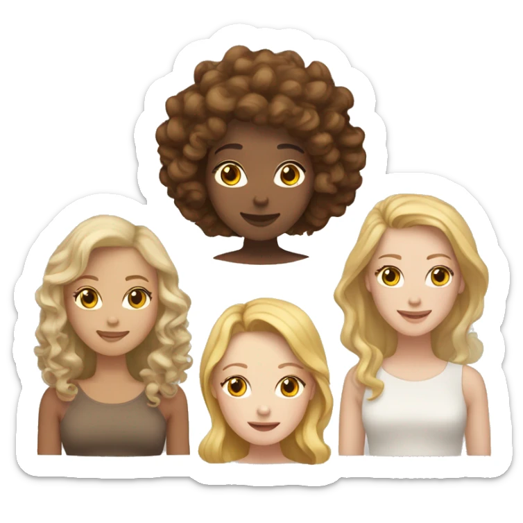 tan woman with curly hair, pale woman with blonde straight hair, pale woman with red straight hair, pale woman with dark brown straight hair, pale woman with light brown wavy hair sticker