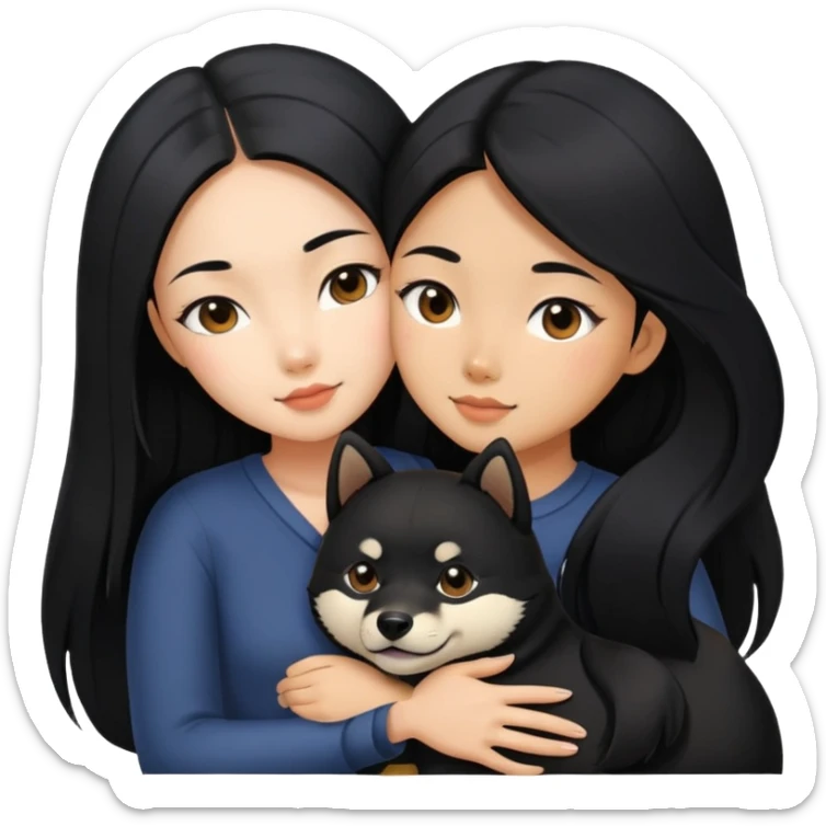 A beautiful girl with long black hair hugs a Black Shiba Lnu sticker