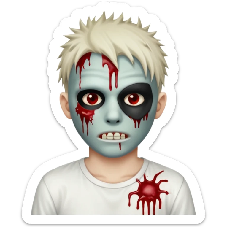 zombie boy with spiky emo hair and white shirt emoji and 

He wears an anonymous mask on half his face and has wounds on the other half. sticker