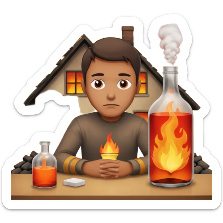 apple style emoji of a man sitting at a table, looking sad, bottle on table, house on fire behind sticker