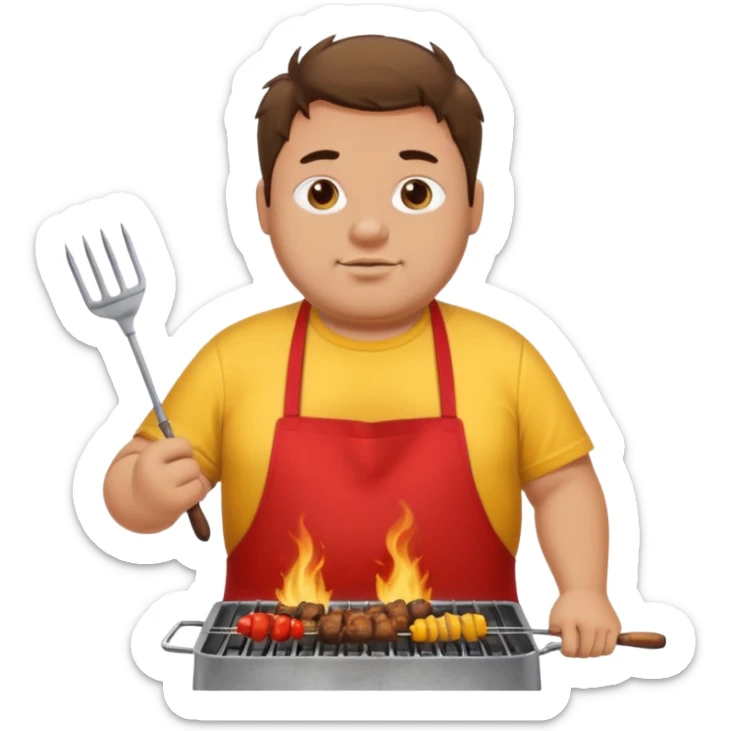 chubby man messy hair and dirty yellow shirt and a red apron grilling bbq and skewers on a sizzling grill sticker