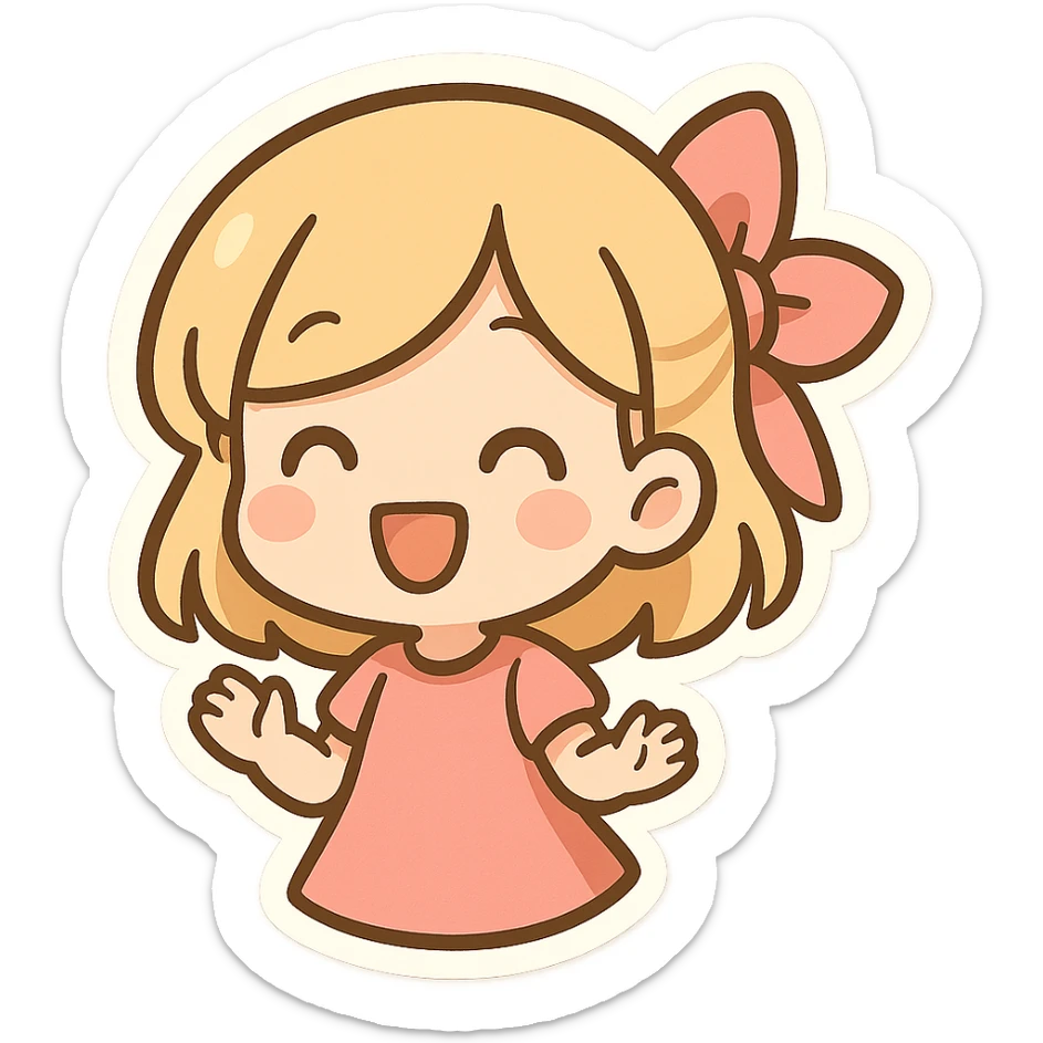 cute blond girl, pink bow tied at the back of her head, smiling, cartoon style, cheerful, friendly sticker