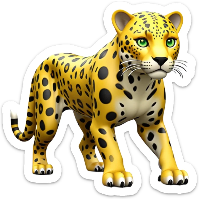 cinematic-jaguar-realistic-full-body-standing on all fours-emoji,-sleek-powerful-frame-poised-for-action,-yellow-fur-adorned-with-bold-black-rosettes,-head-tilted-dramatically,-piercing-green-eyes-locked-onto-its-prey,-simplified-yet-realistic-focused-features,-highly-detailed,-glowing-with-an-almost-sarcastic-glow sticker