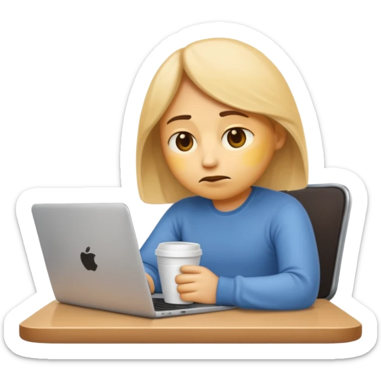 slouching emoji, coffee cup, and laptop together, showing a relaxed, unmotivated mood sticker