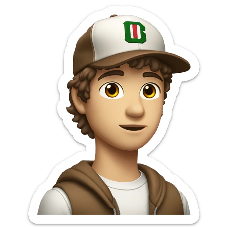 Teenager boy type italian, White skin, with baseball cap backwards with wavy brown hair (Which go down behind to the nape of the neck), Little bit dezoom sticker