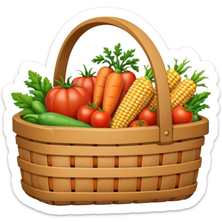 A 3D cartoon basket filled with fresh farm produce like carrots, tomatoes, and corn, placed on soil ground, soft natural lighting, Memoji-style texture. sticker
