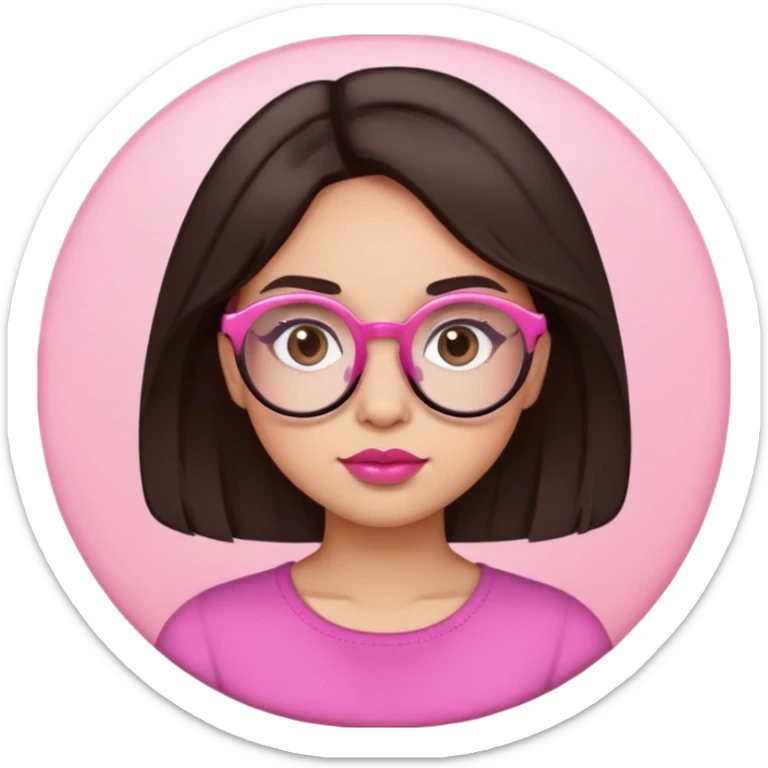 pele branca mas não tão pálida, franja acima da testa, cabelo abaixo um pouco do ombro, cabelo cor castanho escuro igual os olhos, olhos grandes, bochechas um pouco grande, lábios rosada, óculos redondo meio quadrado sticker