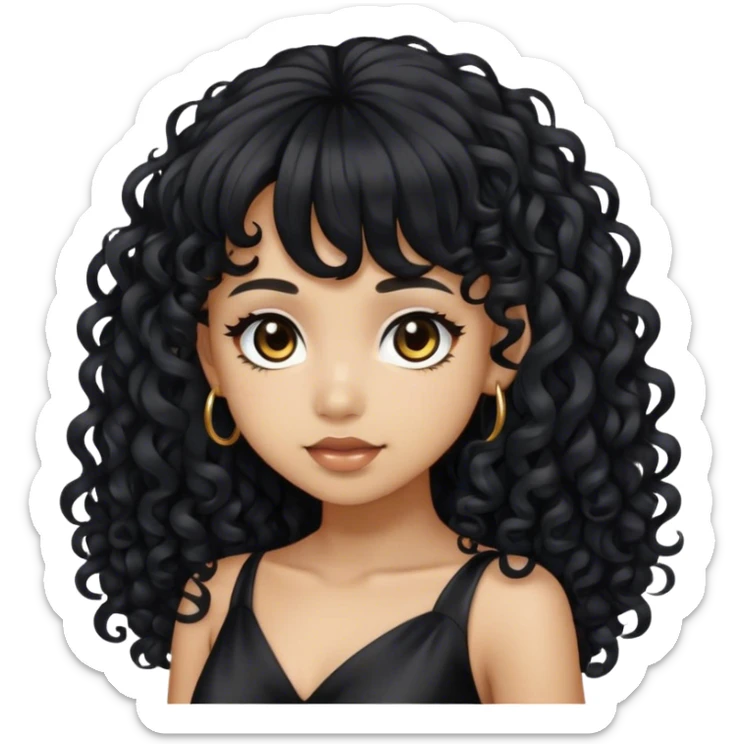 Light skin girl with black very long curly hair with bang, brown eyes, black dress sticker