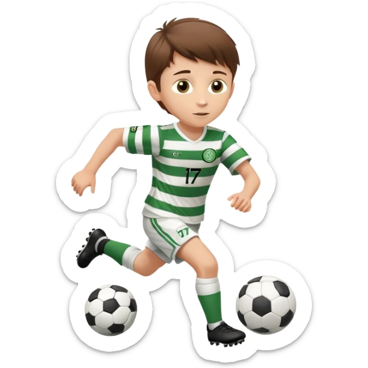 Celtic footballer jersey logo  6 years old brown hair white boy , brown eyes , stripes uniform , RUNNING  with soccer ball # 17 celtic football logo PUT ONLY ONE LOGO sticker