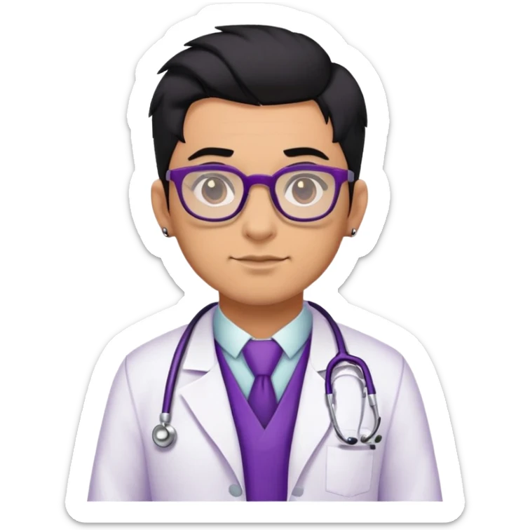 Male doctor tan skin glasses black hair, piercings and tattoos, violet uniform and white bata sticker