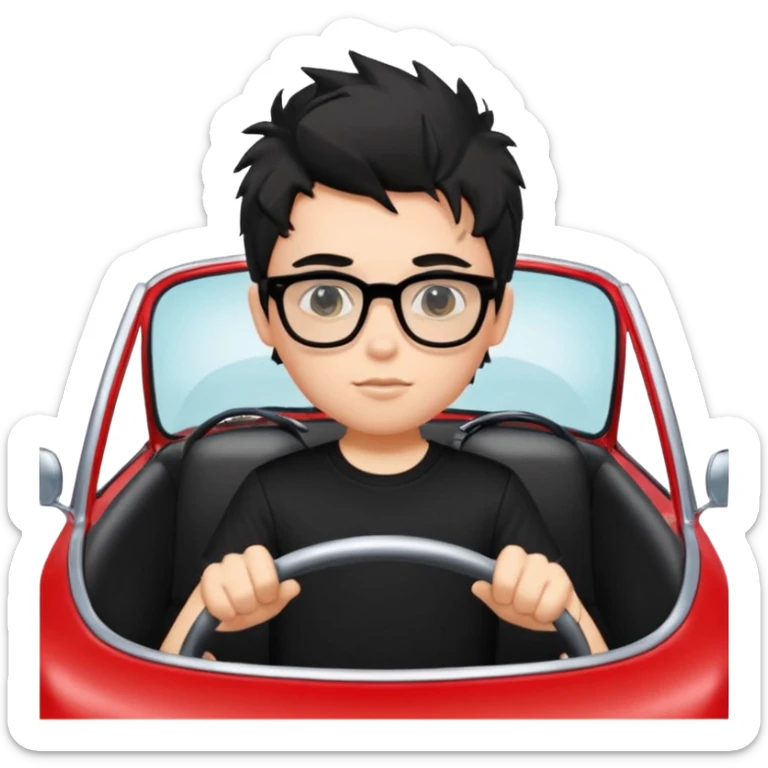 generate a pretty bratz fair skinned boy with black messy hair wearing a black tshirt driving a red car. Glasses on.  sticker