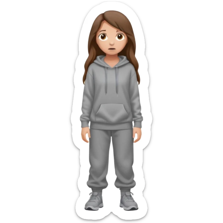 Chica grande  asustada de cuerpo completo mirado a la izquierda con pelo castaño largo  pantalones baggy  grises y hoodie gris  sticker