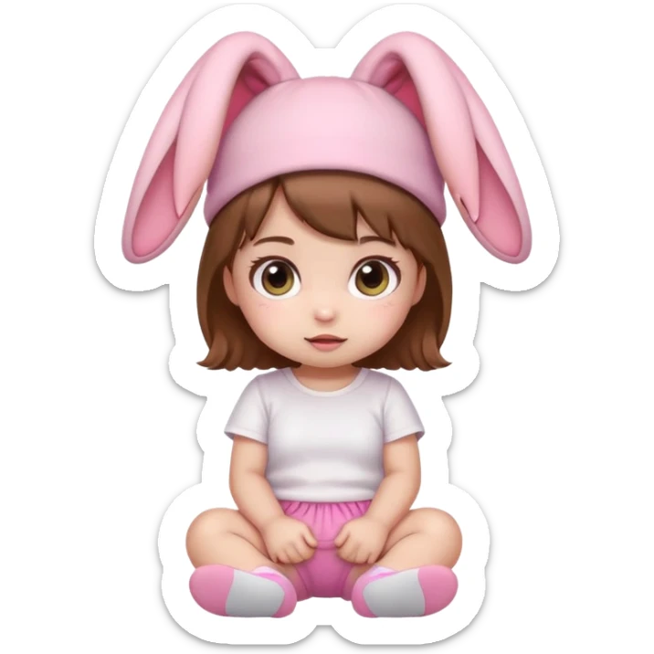 Kawaii baby girl emoji, sitting, brown hair, big eyes, pink bunny ear hat, white t-shirt, pink shorts sticker
