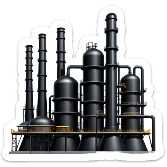 generate a beautiful big black oil refining station. realistic and cinematic. glossy. 4 different options sticker