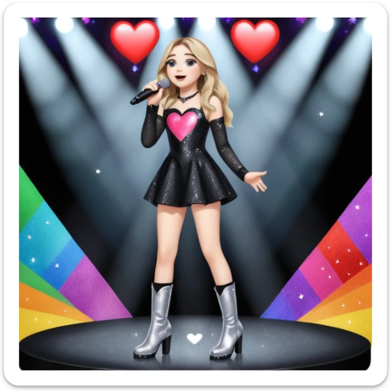 Sabrina carpenter singing at a concert wearing a black sparkly mini dress with silver at the end, with silver sparkly boots with heart cut out on the side. Colorful stage setting  sticker