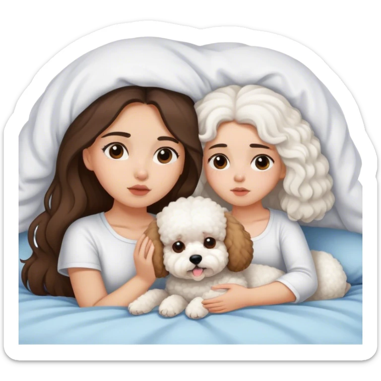 Brunette Long hair girl sick in bed with bichon frise dog sticker