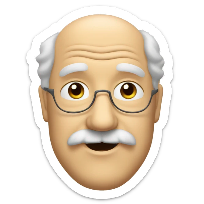 Short pudgy old man over enthusiastic face bald forehead long wavy hair moustache  sticker