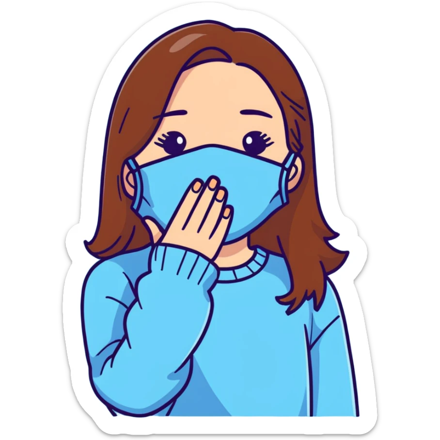 brunette girl with brown hair wearing pastel blue clothes covering her face with her hand sticker