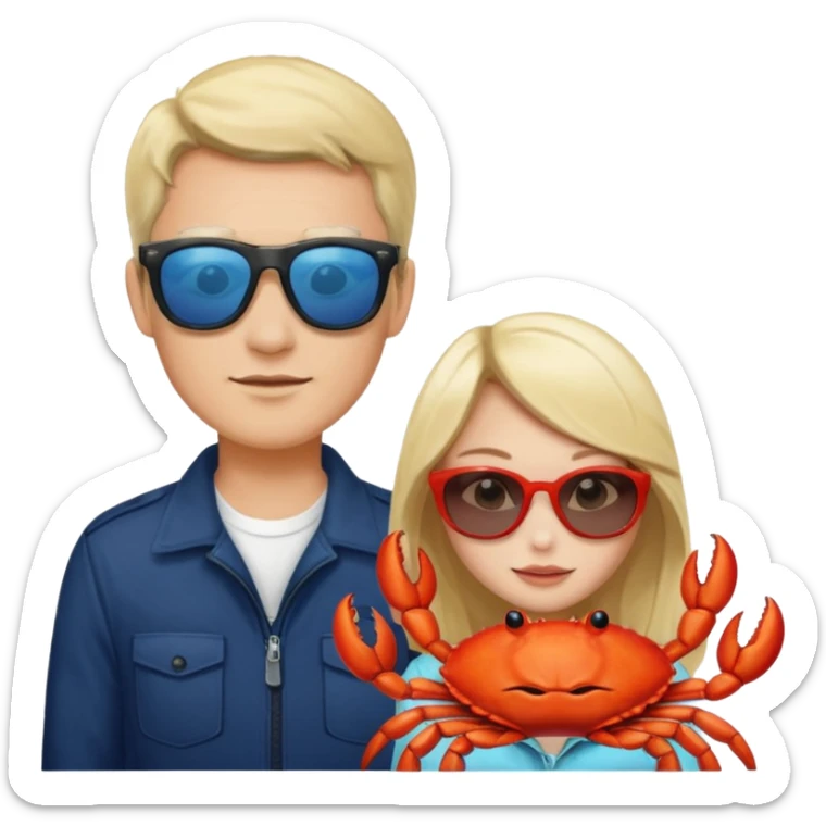 Men and girl Alaska crab are moving wearing a sunglass and 海港薈 sticker