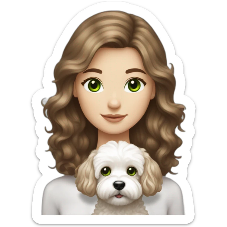 Long brown hair, green eyes, Caucasian girl with white maltipoo sticker