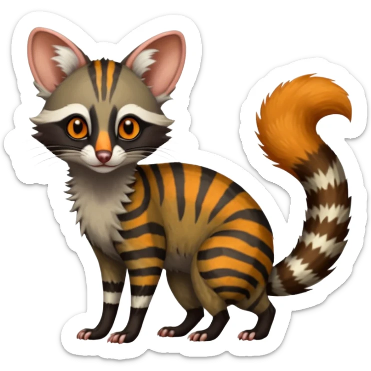 Feral Rare Fantasy shaded detailed colorful Genet-Possum-Trico-Civet-Cacomistle-Oncilla-species by LiLaiRa,, with white stripes with dark-blackish points, white belly, random markings, tufted tail, tufted ears, full body sticker