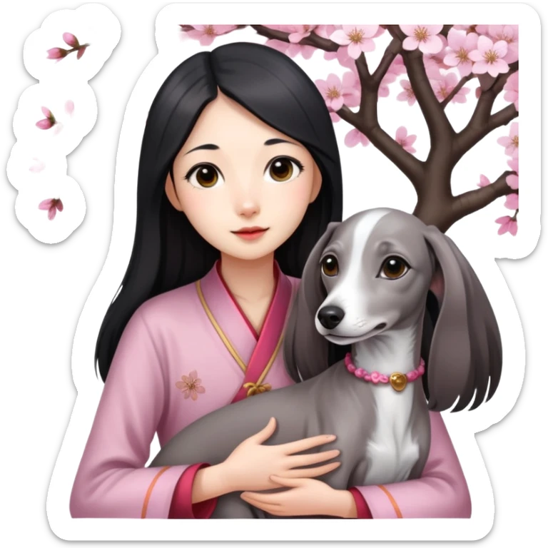 A young Chinese girl with long black hair and a pure grey Italian Greyhound with no white markings sitting under a cherry blossom tree sticker