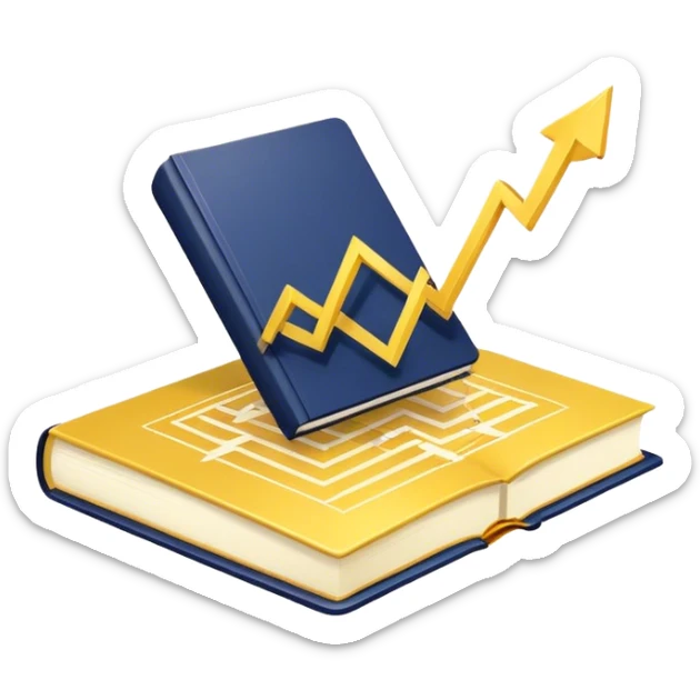 A yellow productivity book with navy blue and gold details, and chart with upward trend aura, radiating productivity, strategy, and success in motion with time and happiness yellow... power in time aura of happiness sticker