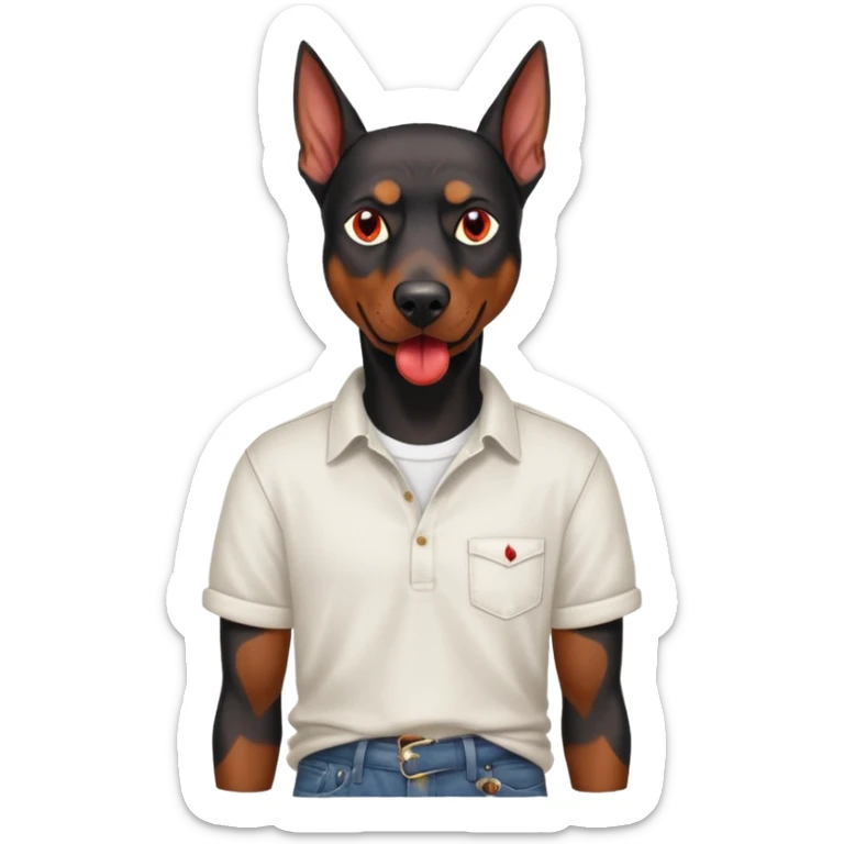 Generate a emoji of a big evil doberman dog with red eyes and a tongue sticking out, give the doberman a human body with a white shirt and baggy jeans sticker