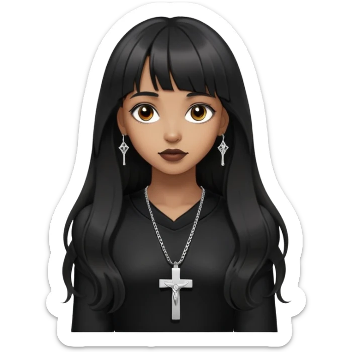 Brown girl with a lighter skin tone, long wavy hair, straight bangs, extremely black hair, more gothic appearance but not too gothic, silver-toned crucifix pendant, Black clothes, she doesn't wear earrings sticker