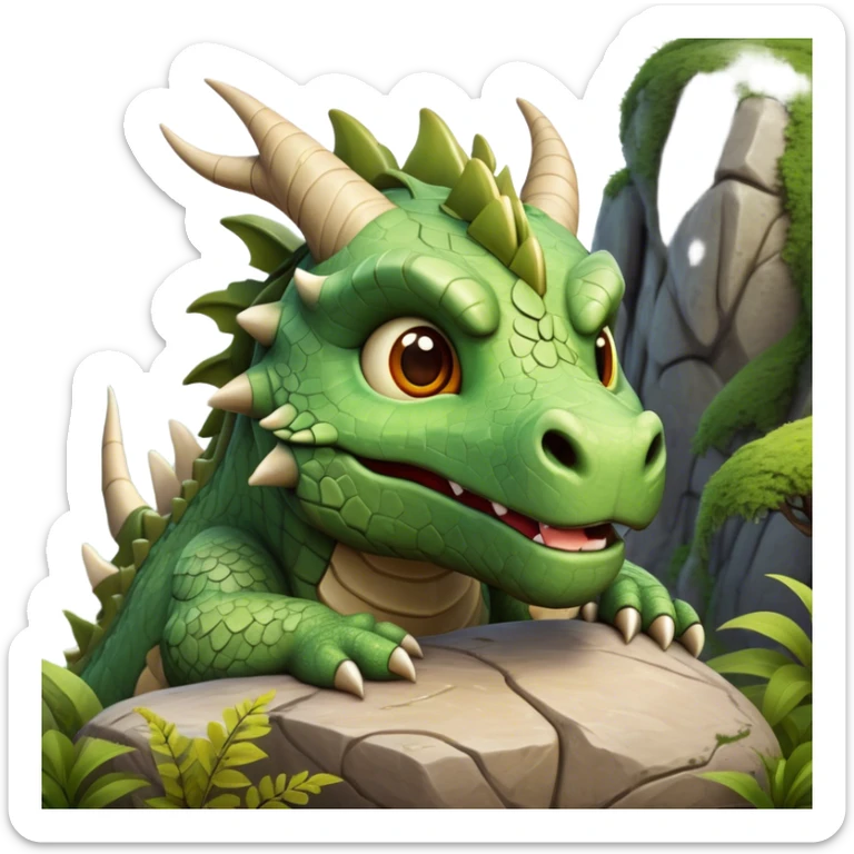 Cinematic Cute Giant Rock Dragon Portrait Emoji, Head tilted playfully and inquisitively, showcasing a robust, stone-carved body with intricately detailed, craggy textures in natural earthen tones accented by soft hints of moss, and a surprisingly gentle, endearing expression; rendered with lifelike clarity and warm, natural light, high shine, mighty yet endearing, styled with a touch of ancient, stony whimsy, soft glowing outline, capturing the essence of a mischievous stone guardian poised to rumble playfully into your embrace! sticker