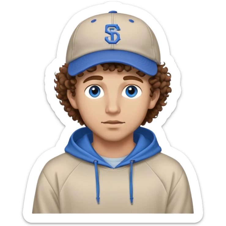 Guy with backward baseball cap and hoodie on and brown curly hair and blue eyes and 5 o clock shadow  sticker