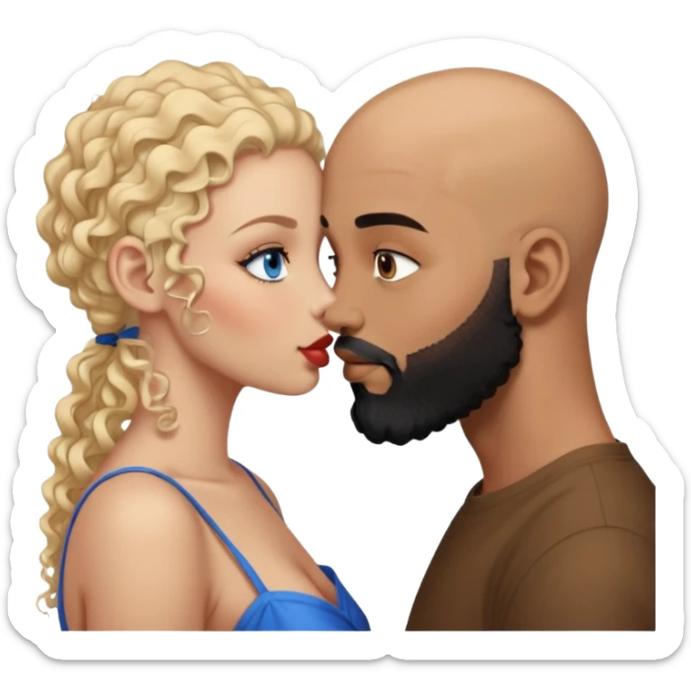 bald head man with brown eyes and black beard kissing African woman with blue eyes and curly blonde hair sticker