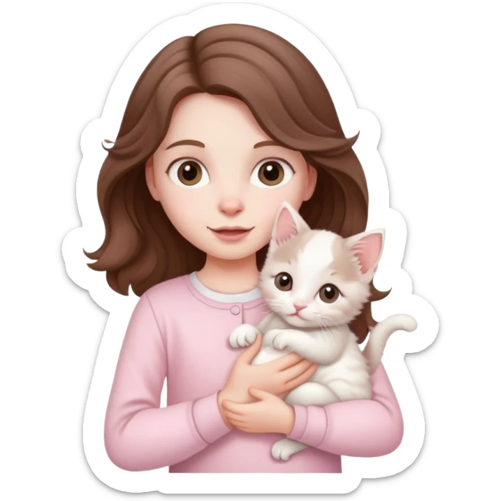 A little girl with wavy brown hair and pale pink clothes holds a white kitten sticker