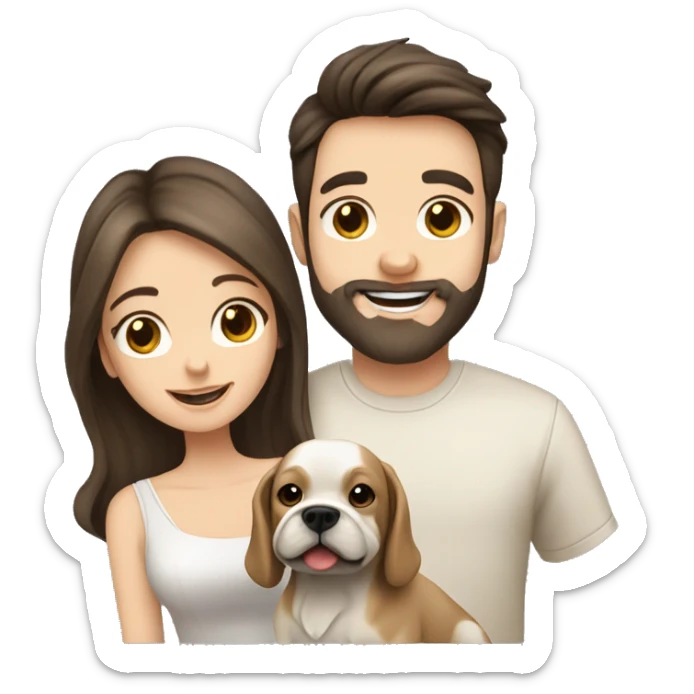 Brunette happy couple boy with beard and girl  with long hair with one cute beige French bull dog  sticker